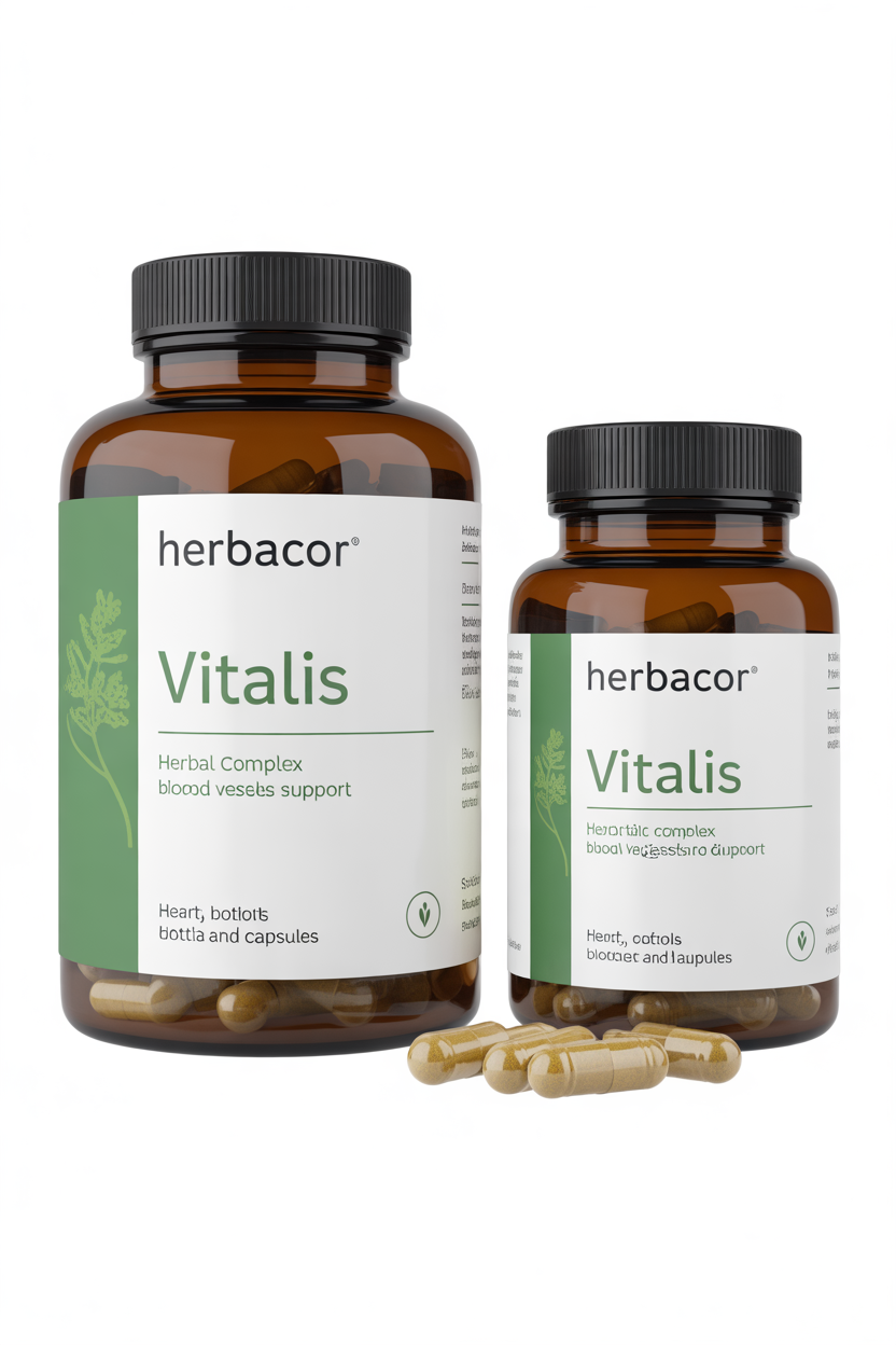 HerbaCor Vitalis herbal complex bottle and capsules for heart, blood vessels and digestion support